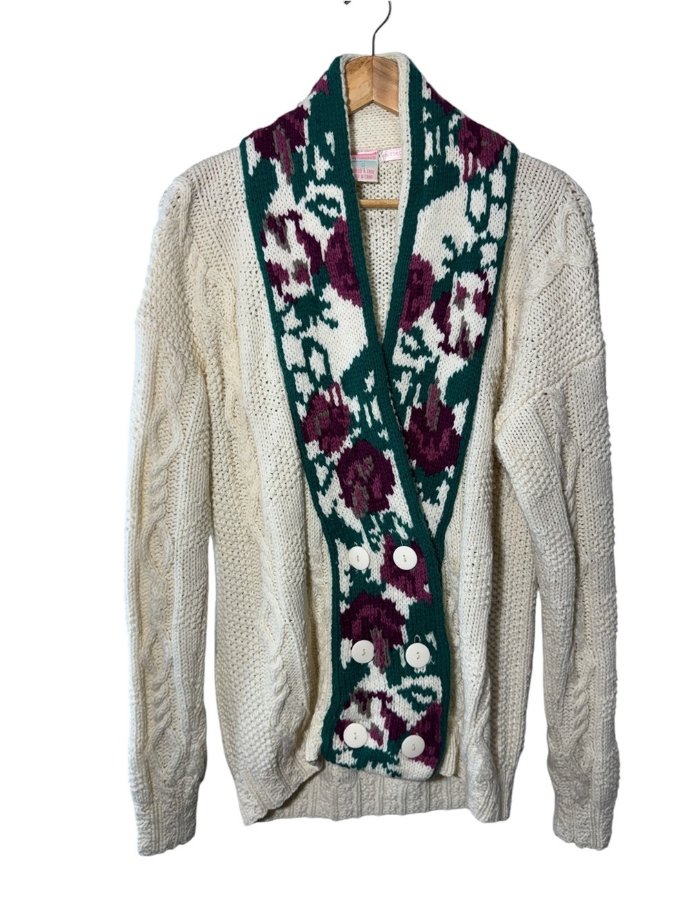 Lady Footlocker Vintage Cable Knit Hand Knit Sweater Cardigan Medium Floral 90s